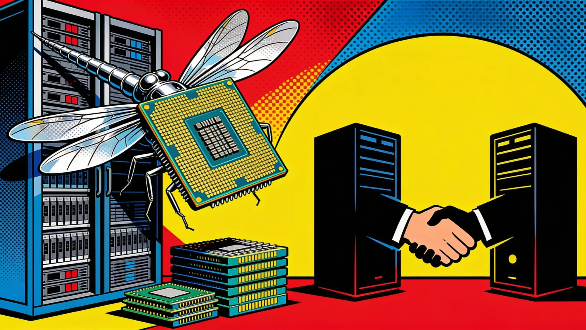 Dragonfly-shaped server CPU beside data center racks