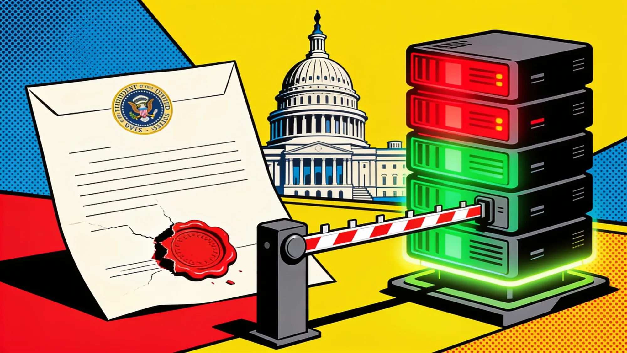 Pop art: a government barrier gate lifting off a glowing server stack, a broken red wax seal, Capitol dome behind