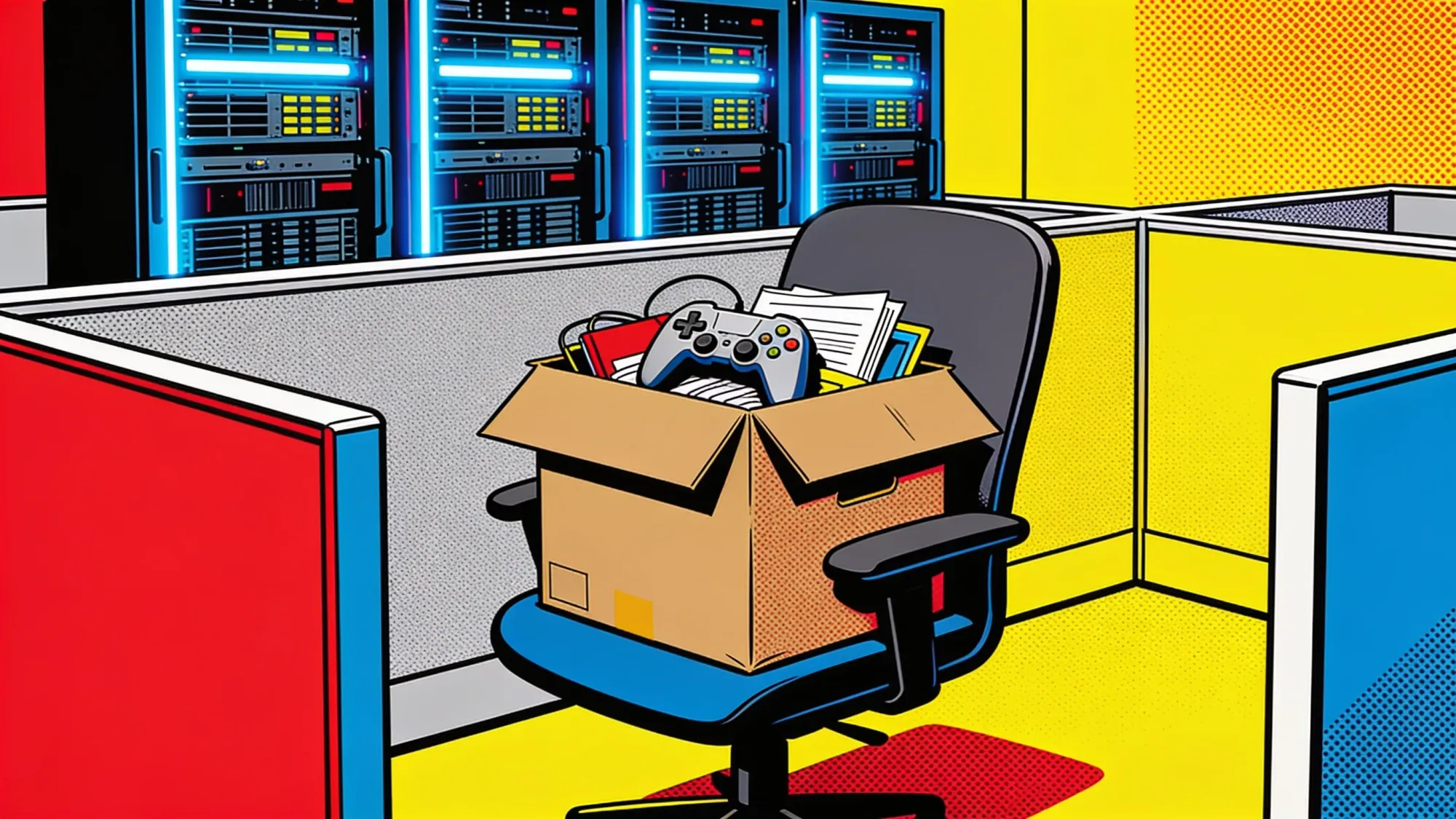 Pop art: a cardboard box of desk belongings with a game controller on top, resting on an empty office chair in a cleared cubicle