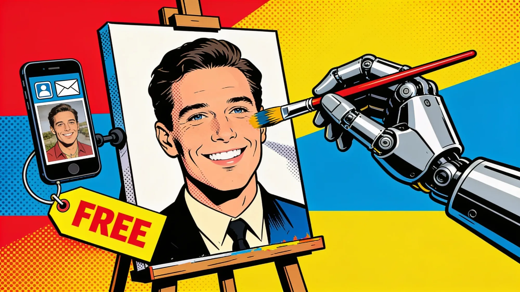 Pop art: a robotic hand painting a smiling person's portrait on an easel, a smartphone with photo and email icons, a bright FREE tag on the frame