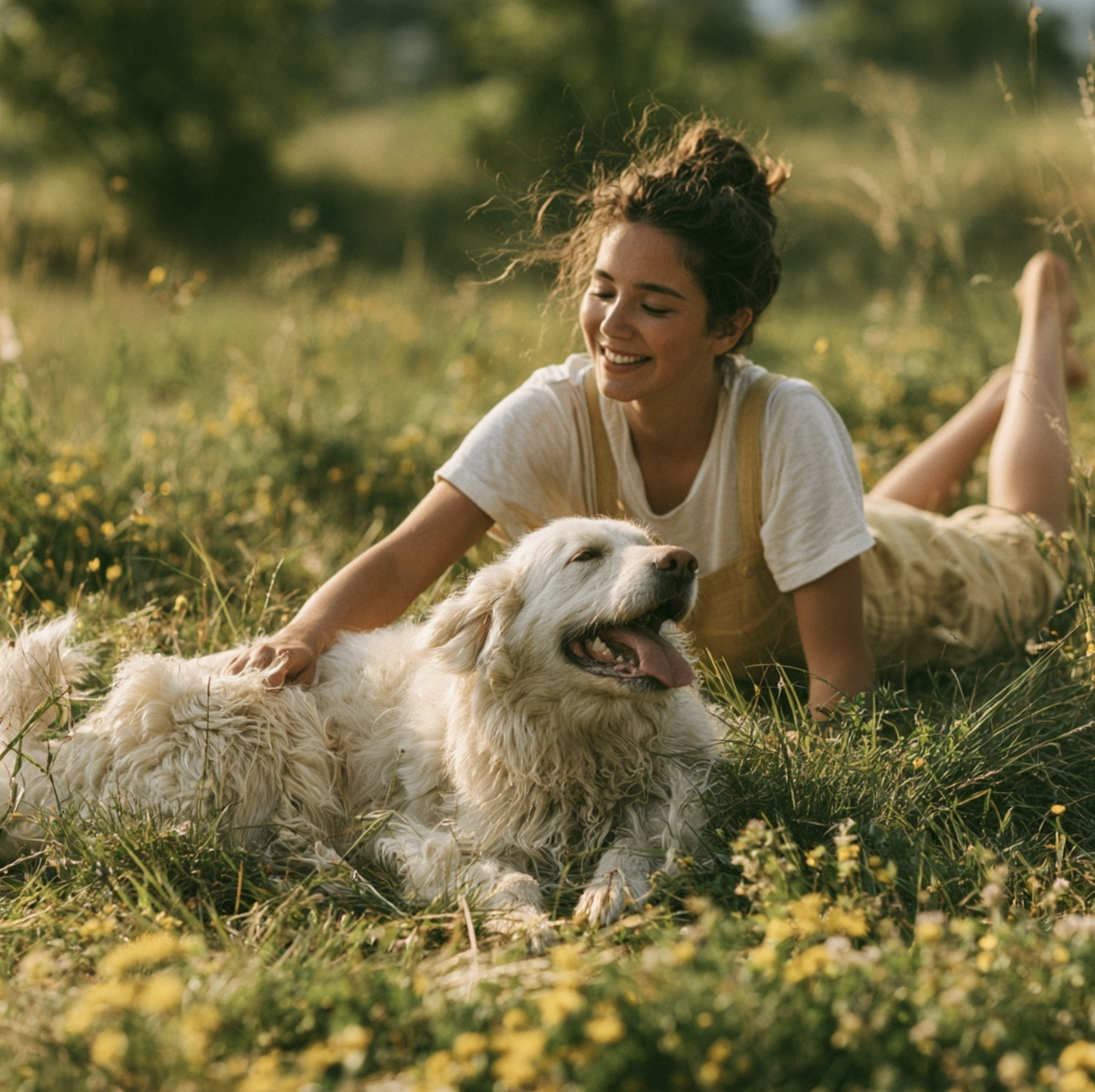 A woman lying in a sunlit summer meadow, smiling beside her big fluffy white dog