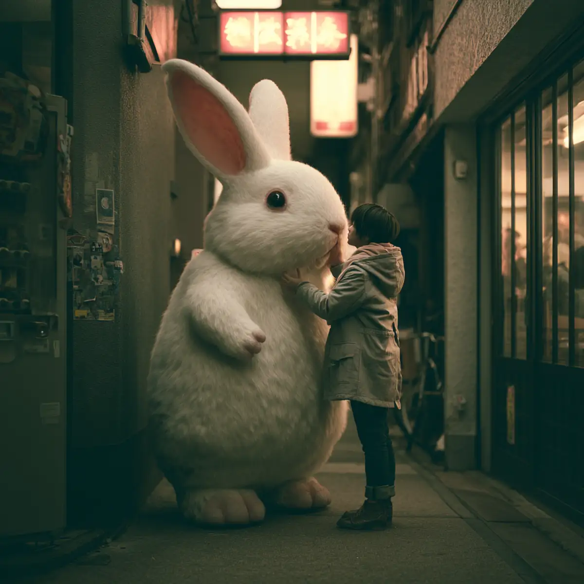 A giant white rabbit standing on its hind legs in a narrow Tokyo alley at dusk, gently nuzzling a smiling young woman who cups its face