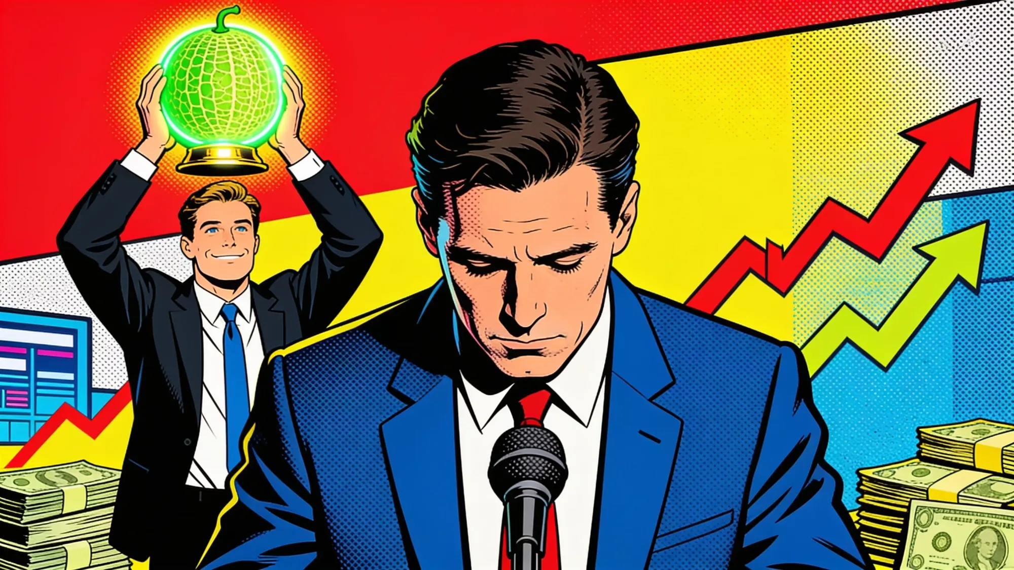 Pop art: a defeated tech executive at a town-hall microphone while a confident colleague lifts a glowing melon-shaped model overhead
