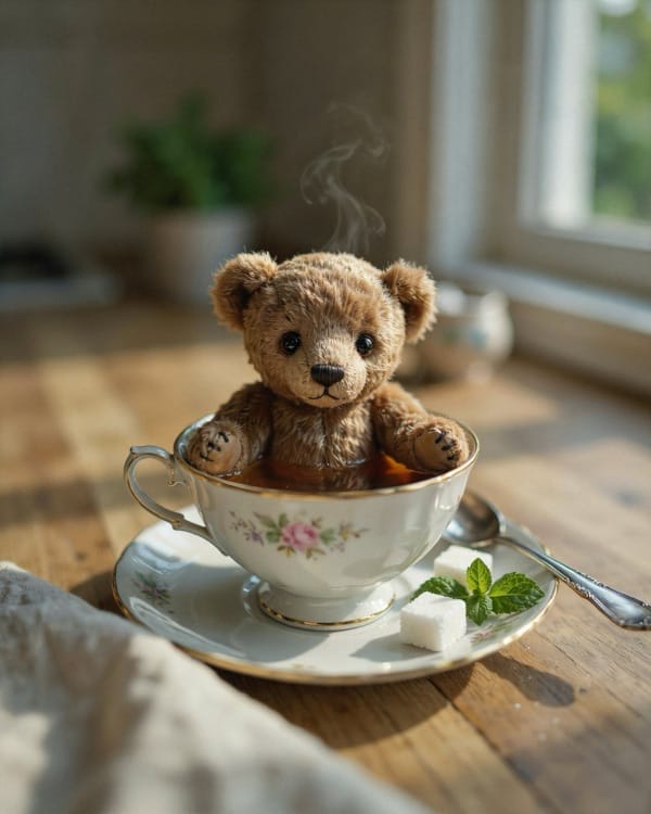 A small honey-brown teddy bear sitting upright inside a white porcelain teacup of amber tea, paws on the gold rim, steam curling past one ear, on a sunlit wooden kitchen table with mint, sugar cubes and a silver spoon on the saucer