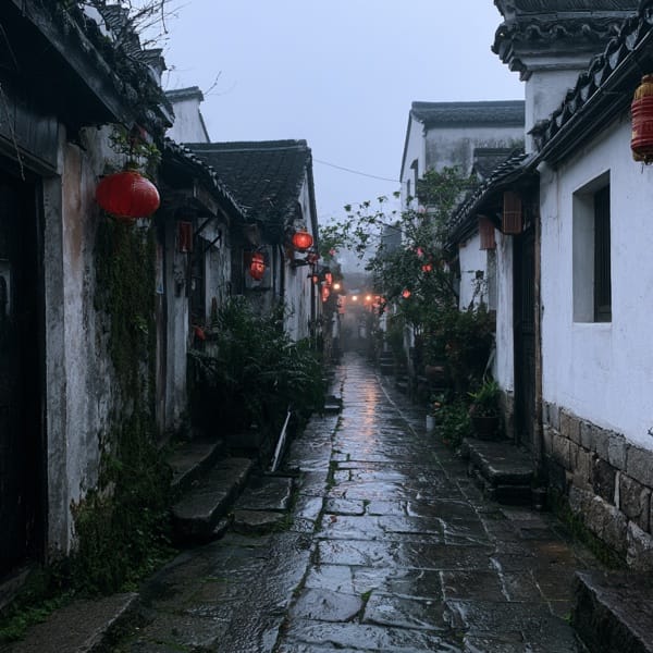 A rain-soaked stone alley between whitewashed walls and dark tiled roofs, red paper lanterns hanging from the eaves, warm lamplight reflected in the wet paving