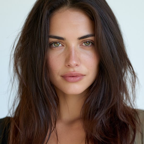 Photorealistic portrait of a woman with long dark mahogany hair and hazel eyes, looking directly at the camera against a plain pale background