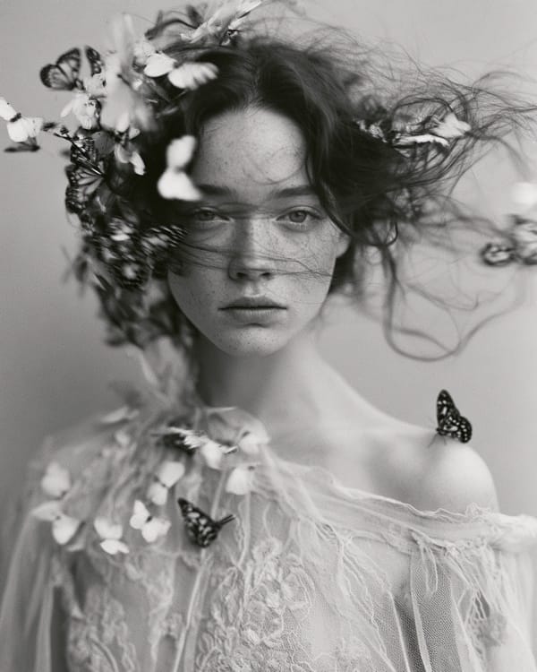 Black and white portrait of a young woman with windswept hair, dozens of small butterflies around her head and shoulders, wearing a sheer lace blouse.