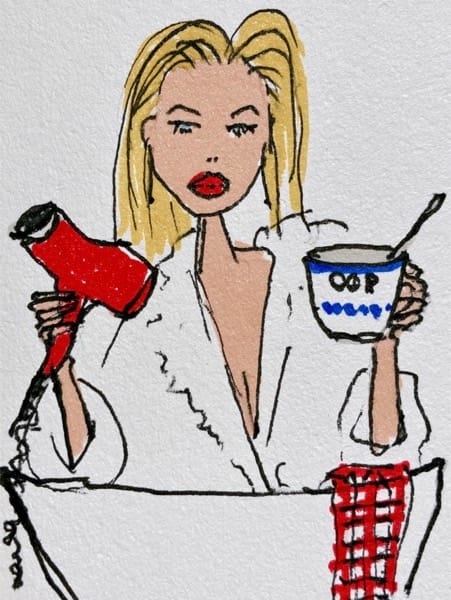 Ink and watercolor fashion sketch of a blonde woman in a white robe, holding a red hair dryer in one hand and a mug with a spoon in the other