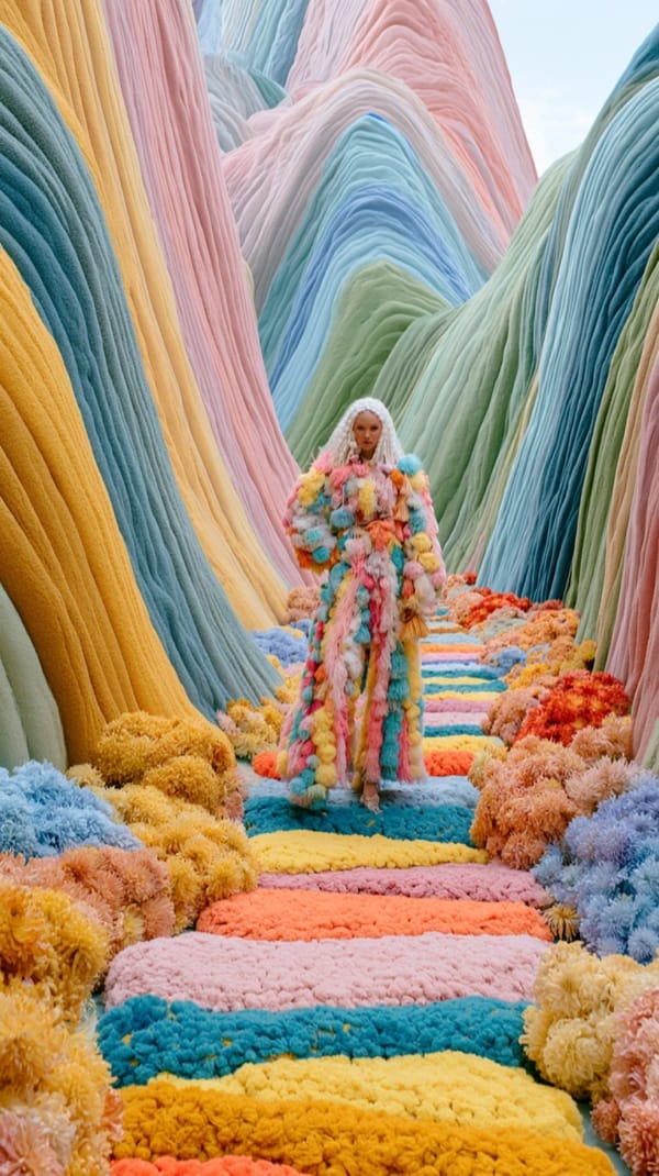 A woman in a pastel pompom coat stands on a striped flower footpath winding between soft ridged mountains in shades of pink, blue, yellow and green
