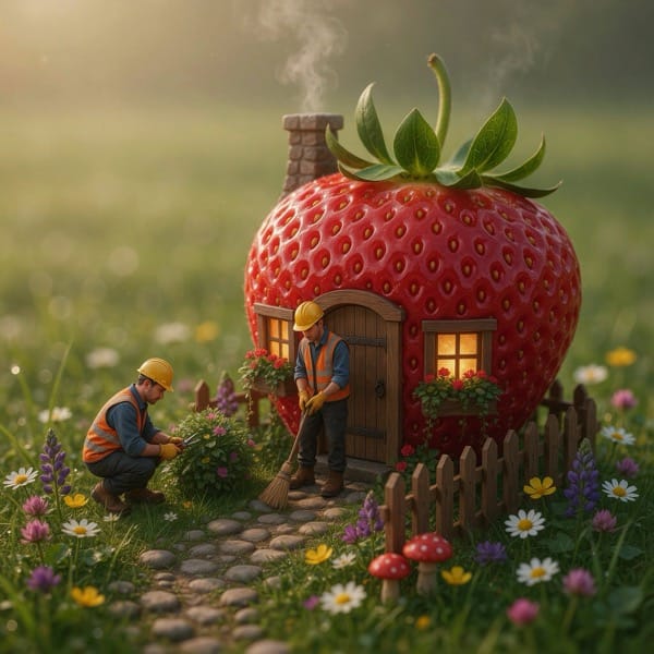 A giant ripe strawberry built into a miniature cottage with a wooden door, glowing windows and a stone chimney, tended by two builders in hard hats and safety vests among wildflowers