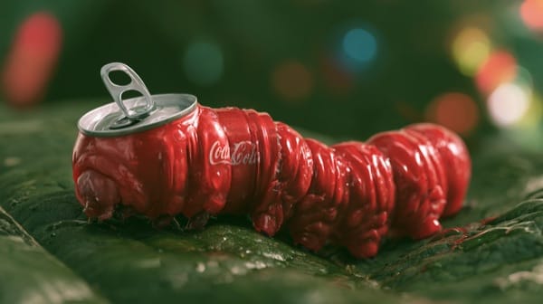 Macro photograph of a surreal red caterpillar whose head is an aluminum soda can top with a silver pull tab, crawling across a wet dark green leaf