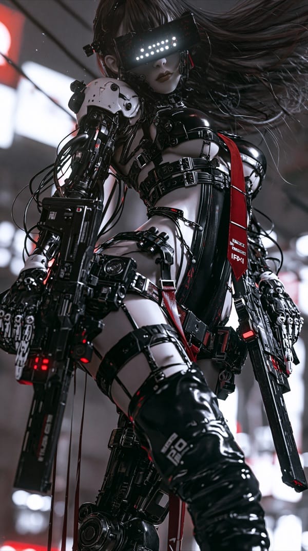 Low-angle cyberpunk portrait of a female android in black mechanical armour and a visor of white lights, long hair streaming sideways, standing in a dim industrial hall