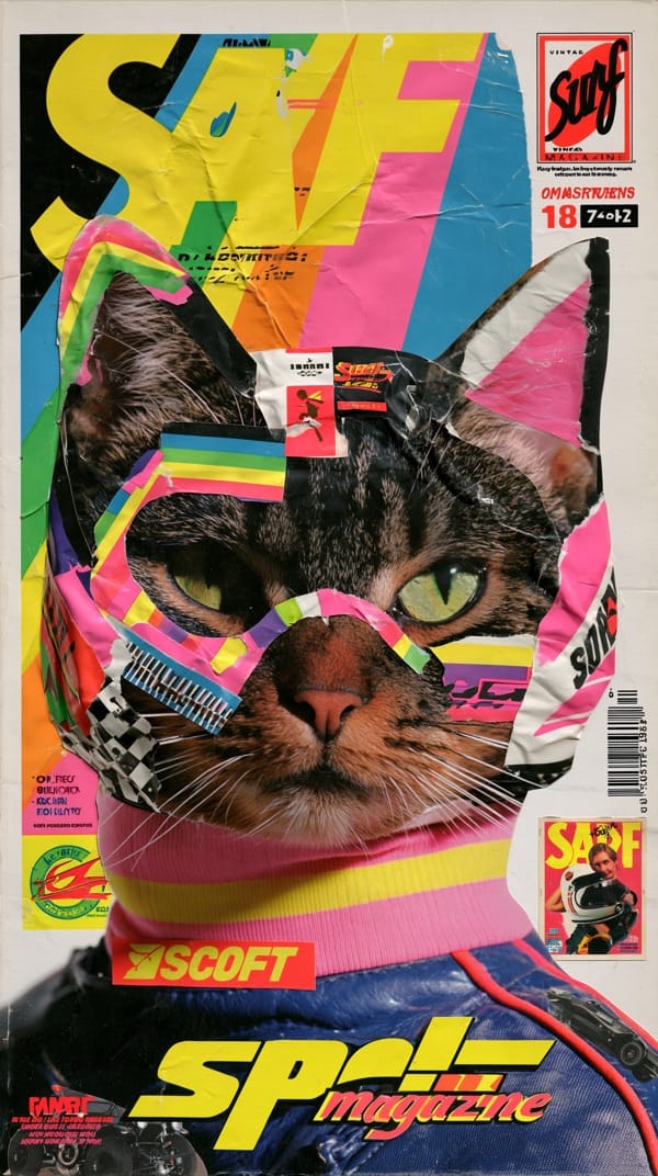 Paper collage of a tabby cat's face assembled from cut-out magazine strips in pink, yellow and blue, laid out as a vintage surf magazine cover