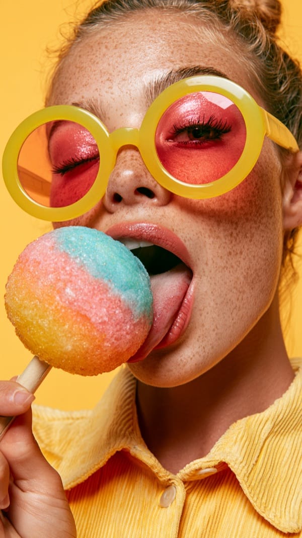 A freckled woman in round yellow sunglasses with pink lenses licks a rainbow-striped ice pop against a yellow background