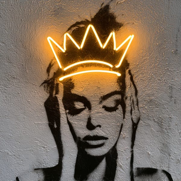 A black stencil portrait of a woman with closed eyes and hands on her head, sprayed on a rough gray wall, crowned by a glowing golden neon outline of a five-pointed crown.