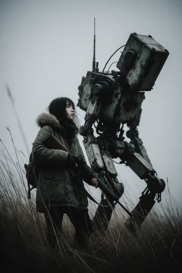 A young woman in a worn olive-green parka with a fur hood holds a rifle in a foggy field of tall dry grass, beside a towering rusty humanoid robot with a boxy head.