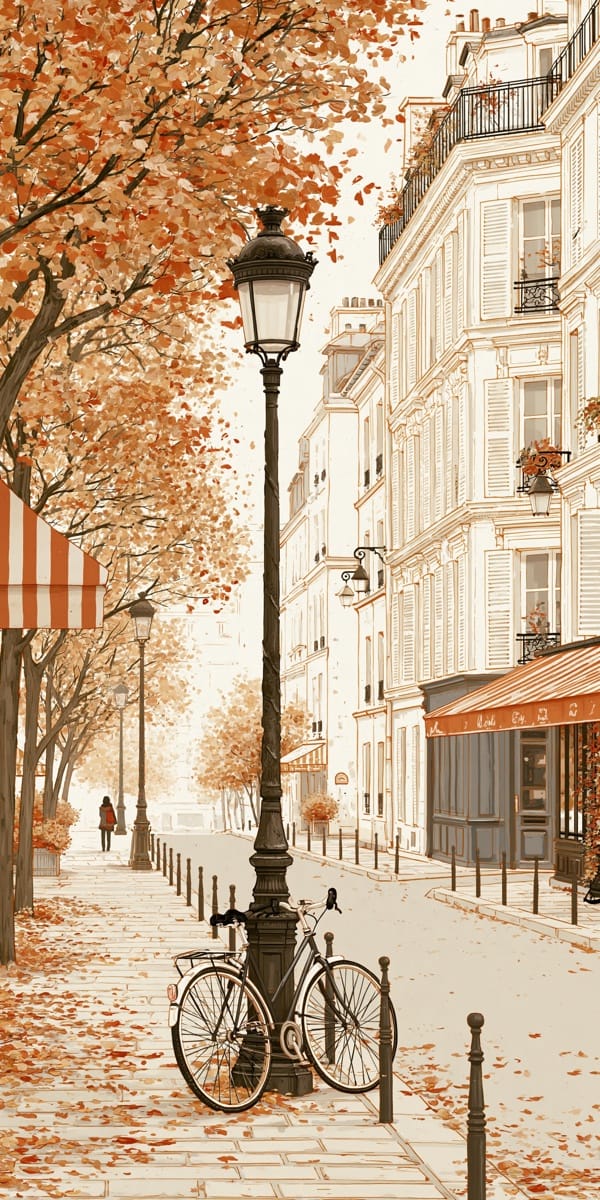 Hand-drawn Paris street in autumn, a bicycle leaning against a black iron street lamp on a leaf-covered sidewalk, orange trees on the left and cream apartment buildings with striped awnings on the right