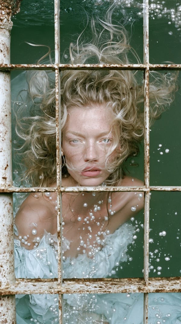 A woman with wild blond curls and freckles floating underwater behind the rusted grid of an old aquarium window, pearls drifting around her pale blue dress in murky green water