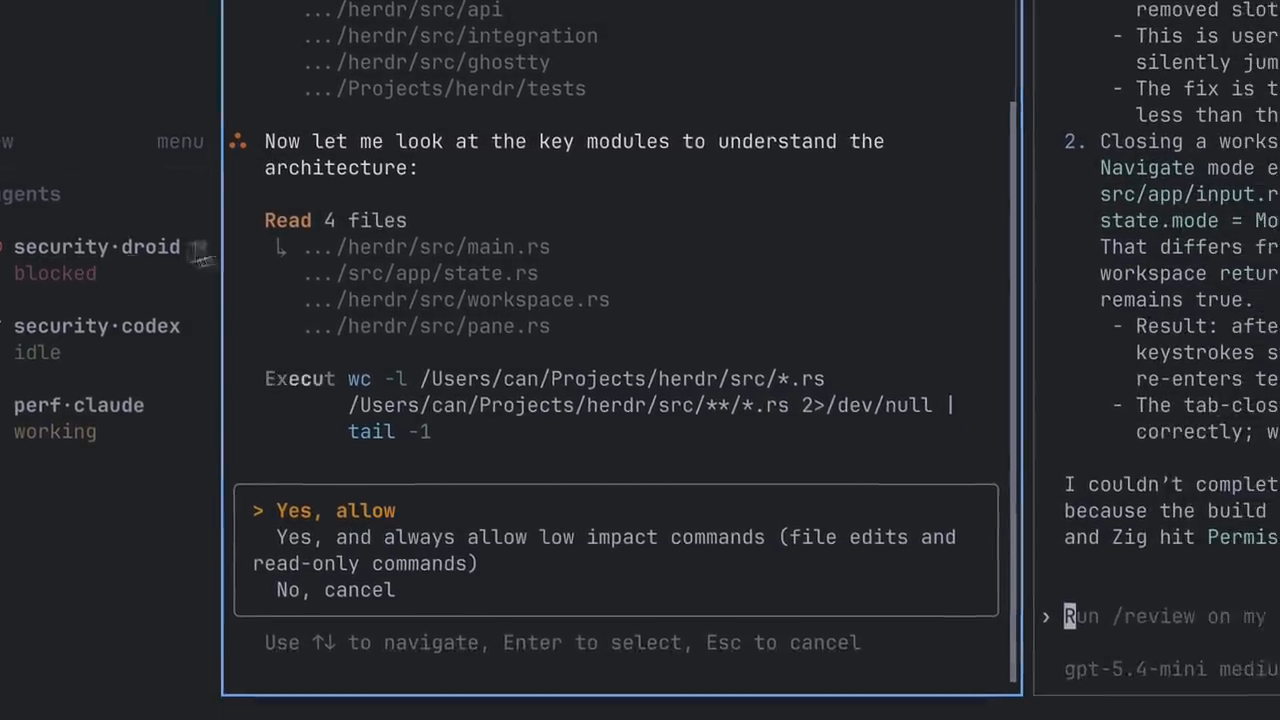 Herdr sidebar marks a Droid agent blocked while its terminal shows an approval prompt