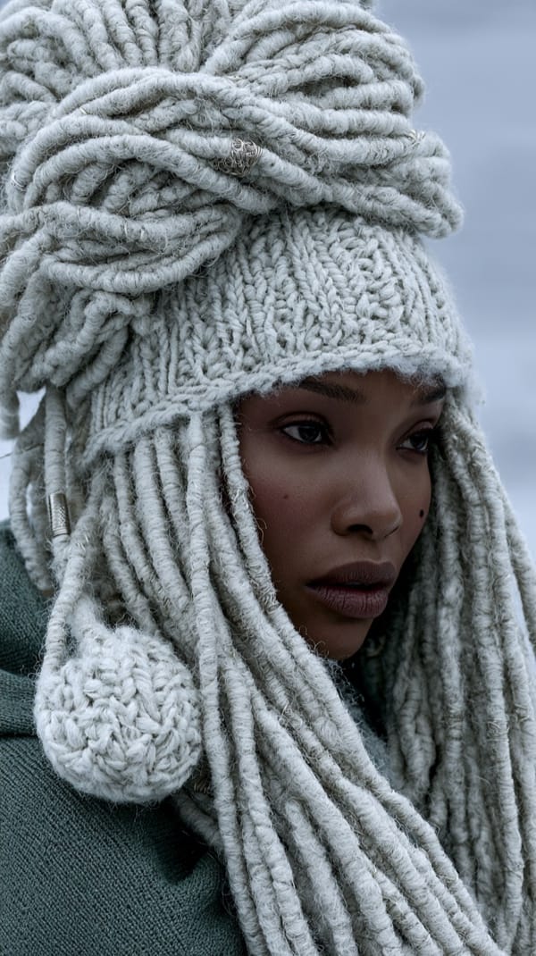 A woman in close profile wrapped in thick pale grey wool locs and a knitted headdress over an olive green cloak