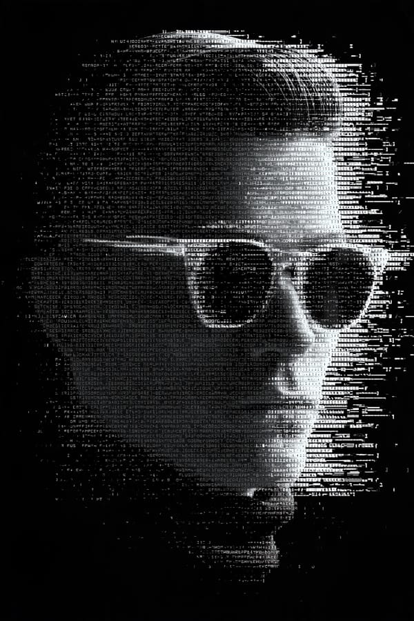 A human head in profile built from rows of white ASCII characters on a black background, dissolving into scattered glyphs at the edges