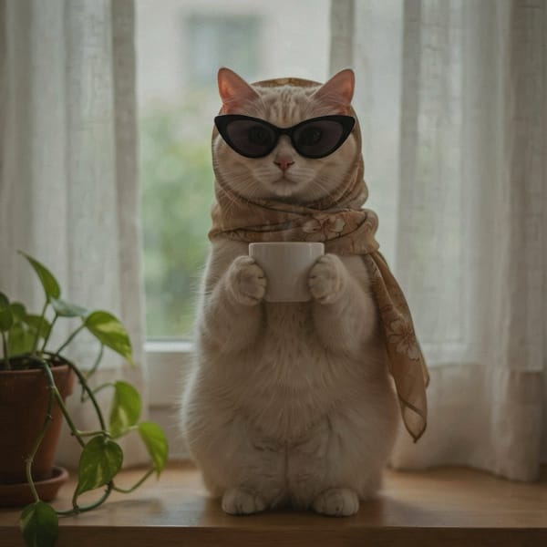 A fluffy white cat standing on a windowsill in black cat-eye sunglasses and a tan floral headscarf, holding a white coffee cup in both front paws