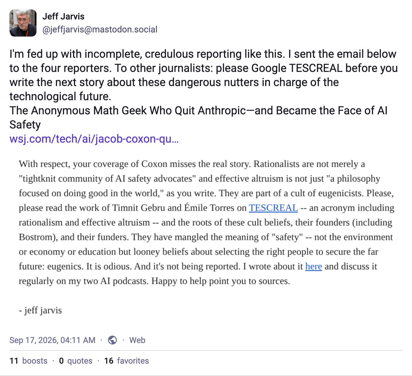Jeff Jarvis's Mastodon post criticizing the Wall Street Journal's Jacob Coxon profile, with his email to the four reporters attached