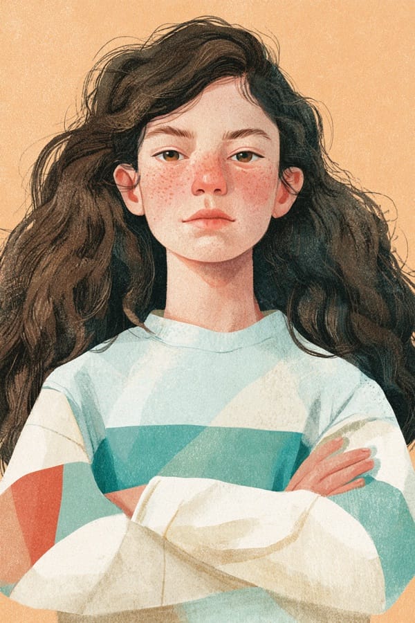 Illustrated portrait of a young girl with long dark hair and a striped sweater, arms folded, against an orange background