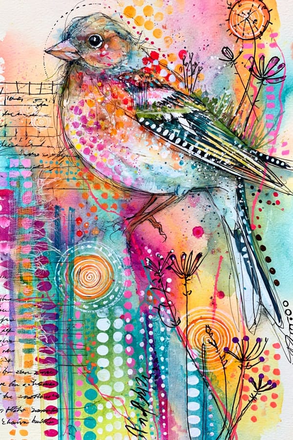 Mixed-media collage of a small bird drawn in ink and watercolour, its wing and tail patterned in green and teal, sitting above layered dots, stripes and handwriting in pink, orange and turquoise
