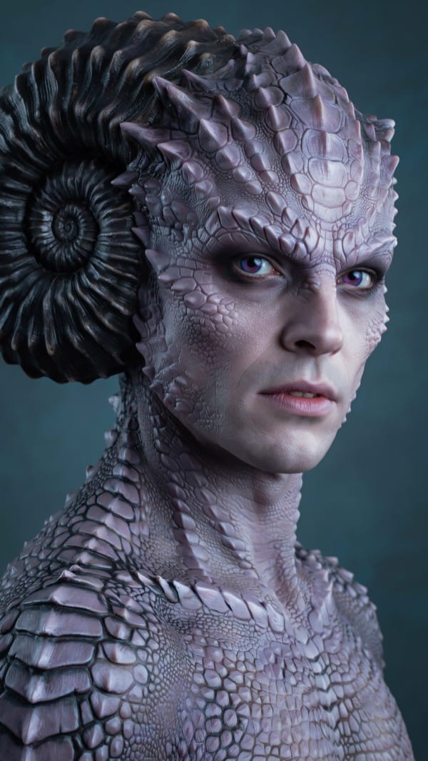 Portrait of a man with pale violet reptilian scales, ridged spines running over his brow and shoulders, and a large spiral horn curling behind one ear, against a dark teal background