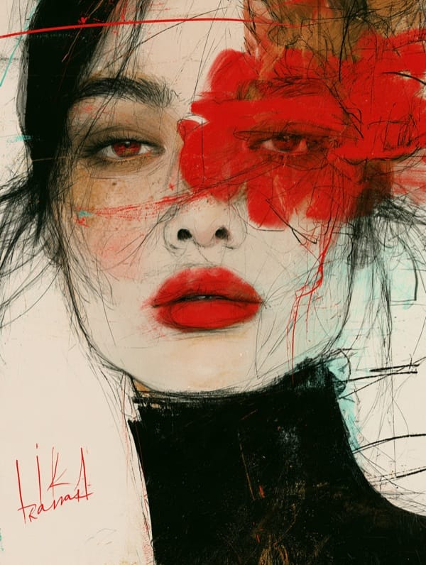 Editorial fashion illustration of a woman's face in ink and red paint, with a broad red brushstroke across her eyes and red lips