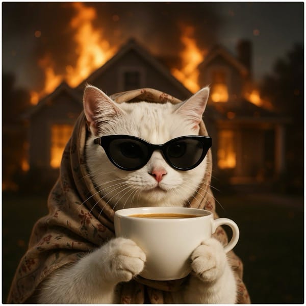 A white cat in a floral headscarf and black cat-eye sunglasses holds a large white cup of coffee while a house burns in the background.