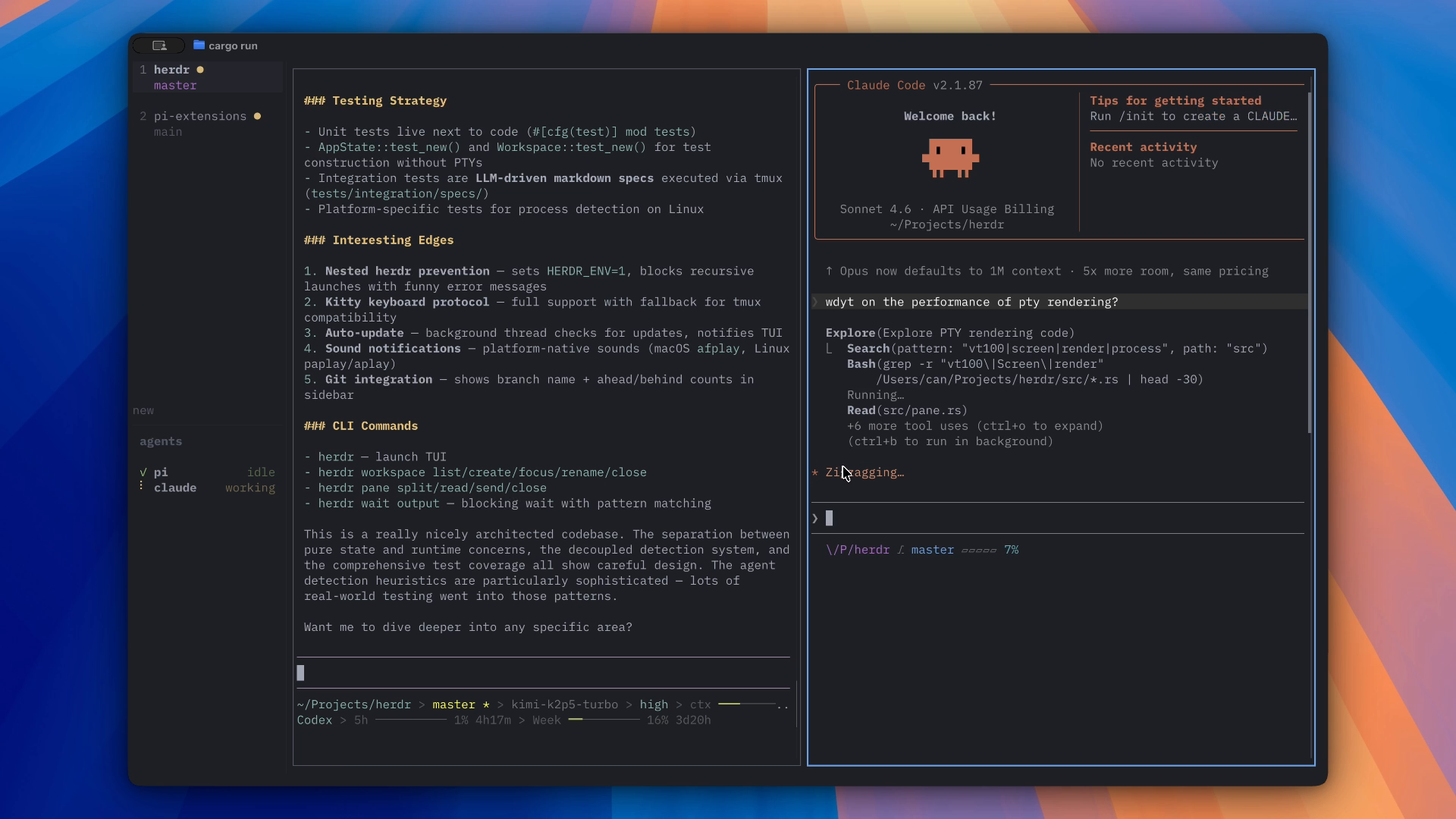Herdr interface with project workspaces in the left sidebar and two agent terminal panes