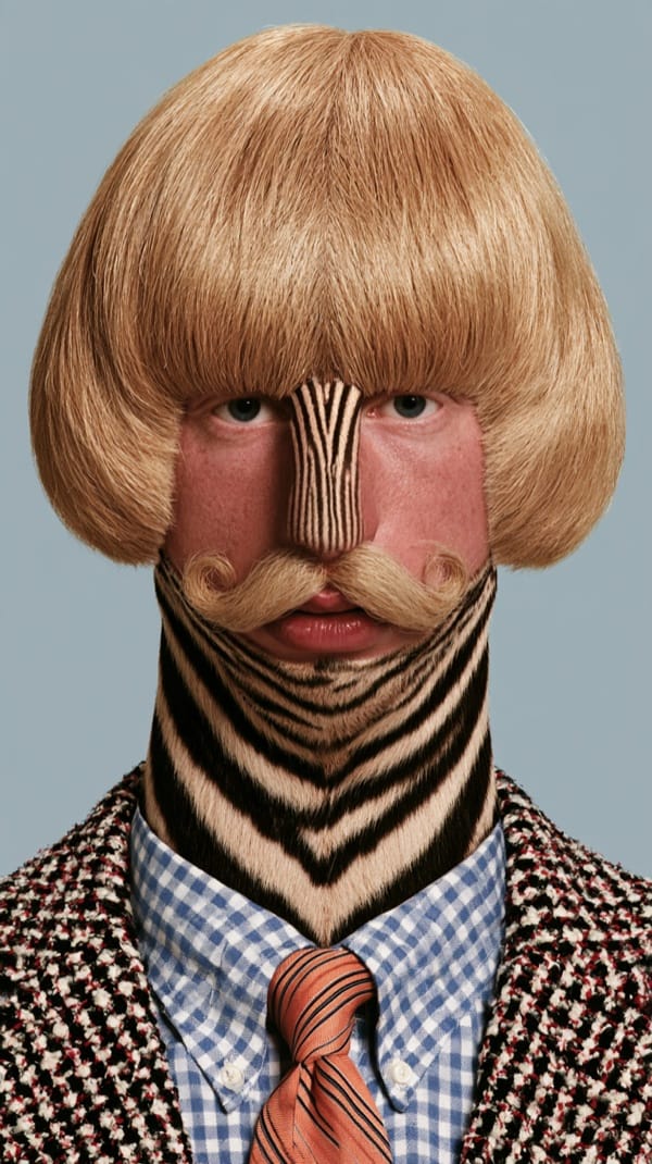 A deadpan young man with a golden-blonde bowl cut and a curled handlebar moustache, his face and long neck covered in zebra-striped fur, wearing a gingham shirt, an orange striped tie and a bouclé tweed blazer against a powder blue background