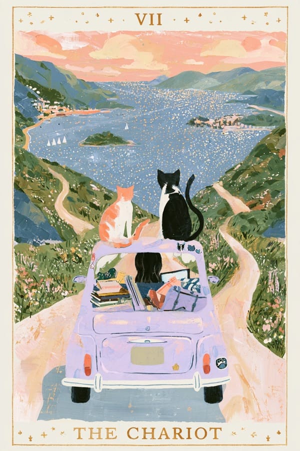 Tarot card illustration of The Chariot, numbered VII: a woman drives a light purple vintage car down a coastal mountain road toward the sea, with two cats on the roof and books and luggage in the back seat