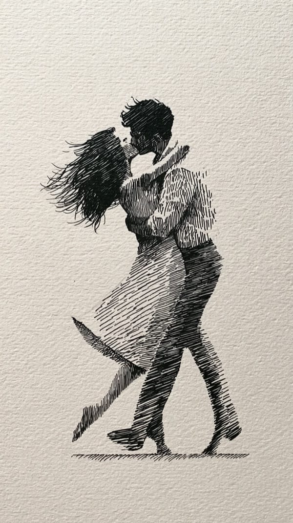 Black ink drawing of a couple kissing in a close embrace, her long hair and skirt swept back by the movement, drawn in fine parallel hatching on textured cream paper