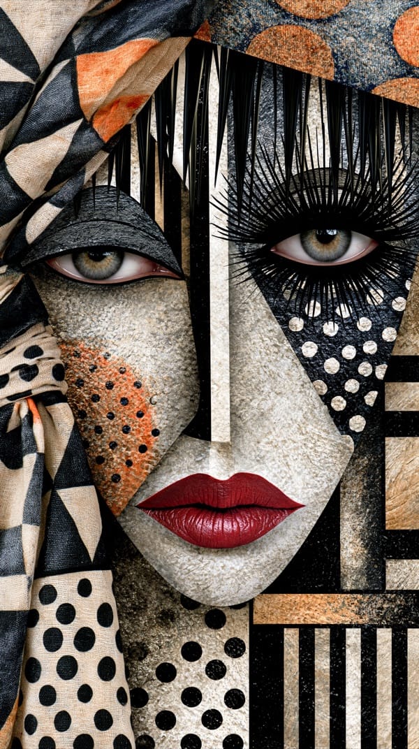Cubist-style collage portrait of a woman’s face in black, cream and orange, with a patterned headscarf, long black lashes, a fringe of black hair, polka dots and dark red lips