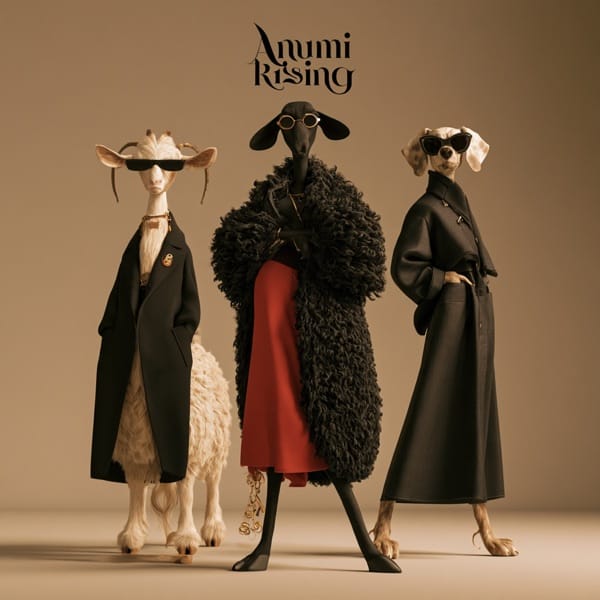 Three animals in dark coats and sunglasses stand side by side: a goat, a black sheep in a shaggy black coat and red skirt, and a spotted dog, under the words Anumi Rising